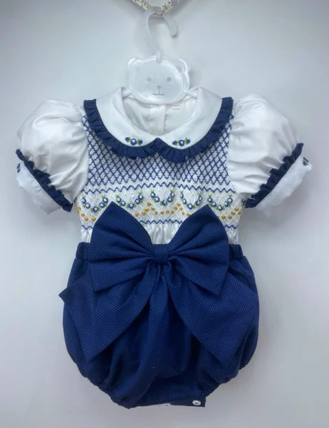 Navy Noel Smocked Romper Girls