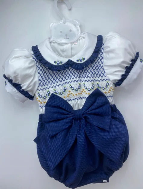 Navy Noel Smocked Romper Girls