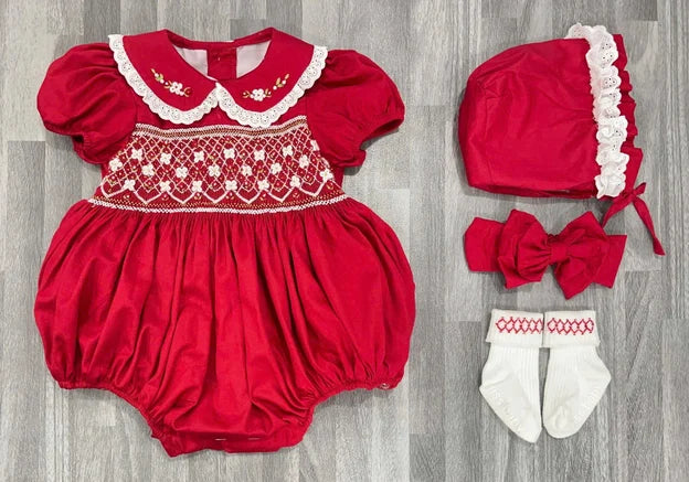 PRE-ORDER - Traditional Christmas Red Romper & Bonnet Set (DUE END OCTOBER)